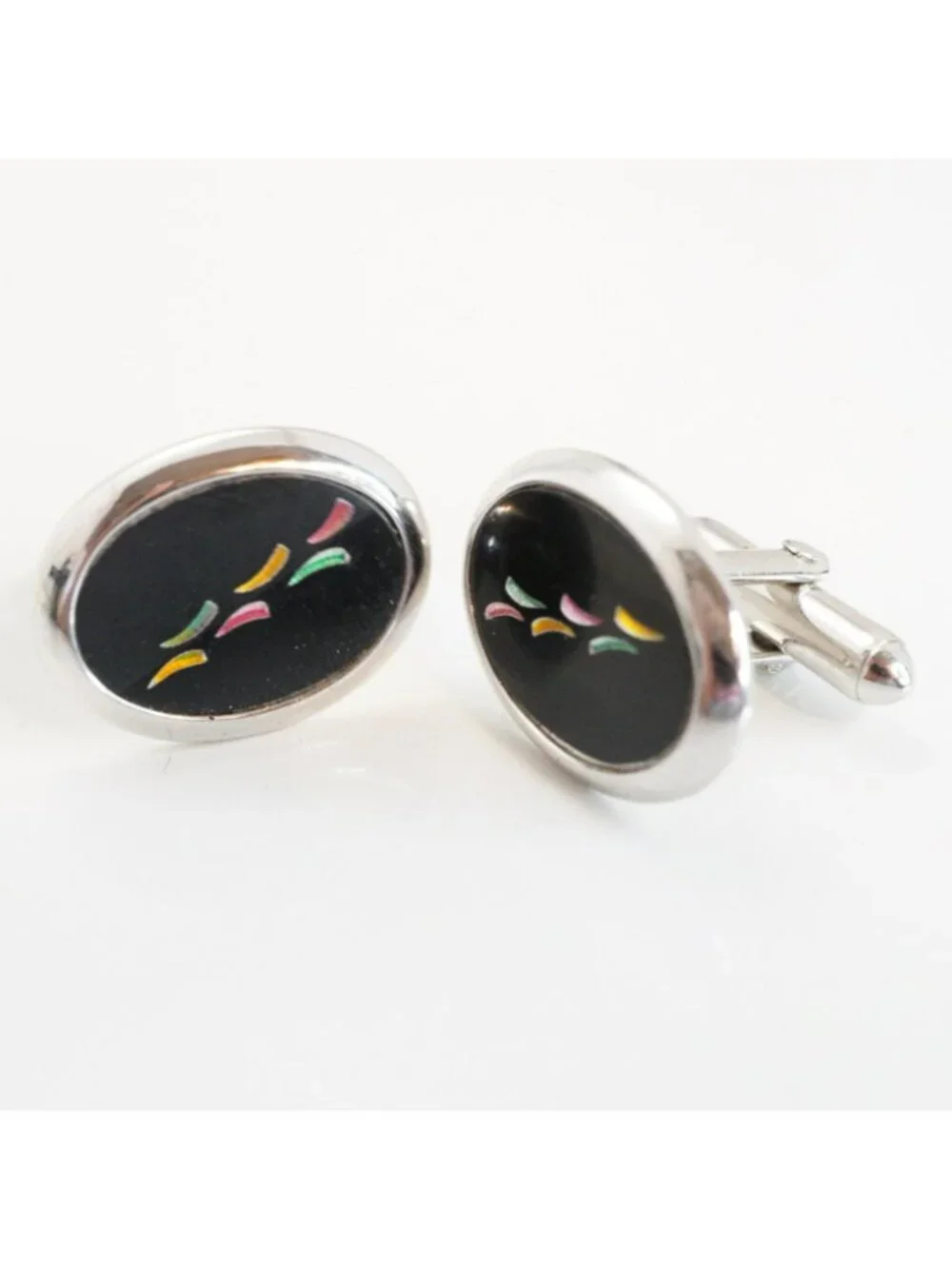 Vintage Swank Oval Black Enamel Cufflinks Silver Tone Multicolor Inlay